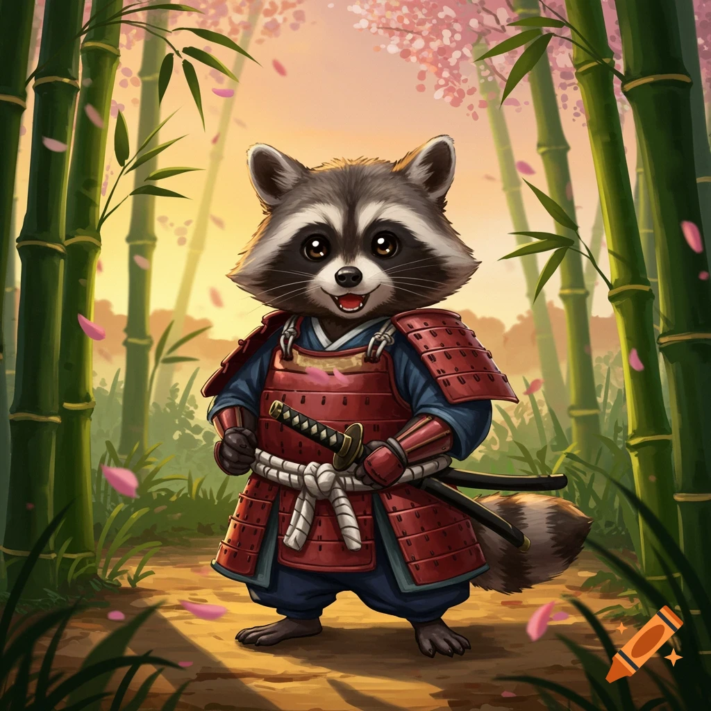 A cute, smiling raccoon dressed as a samurai stands in a bamboo forest with pink blossoms.