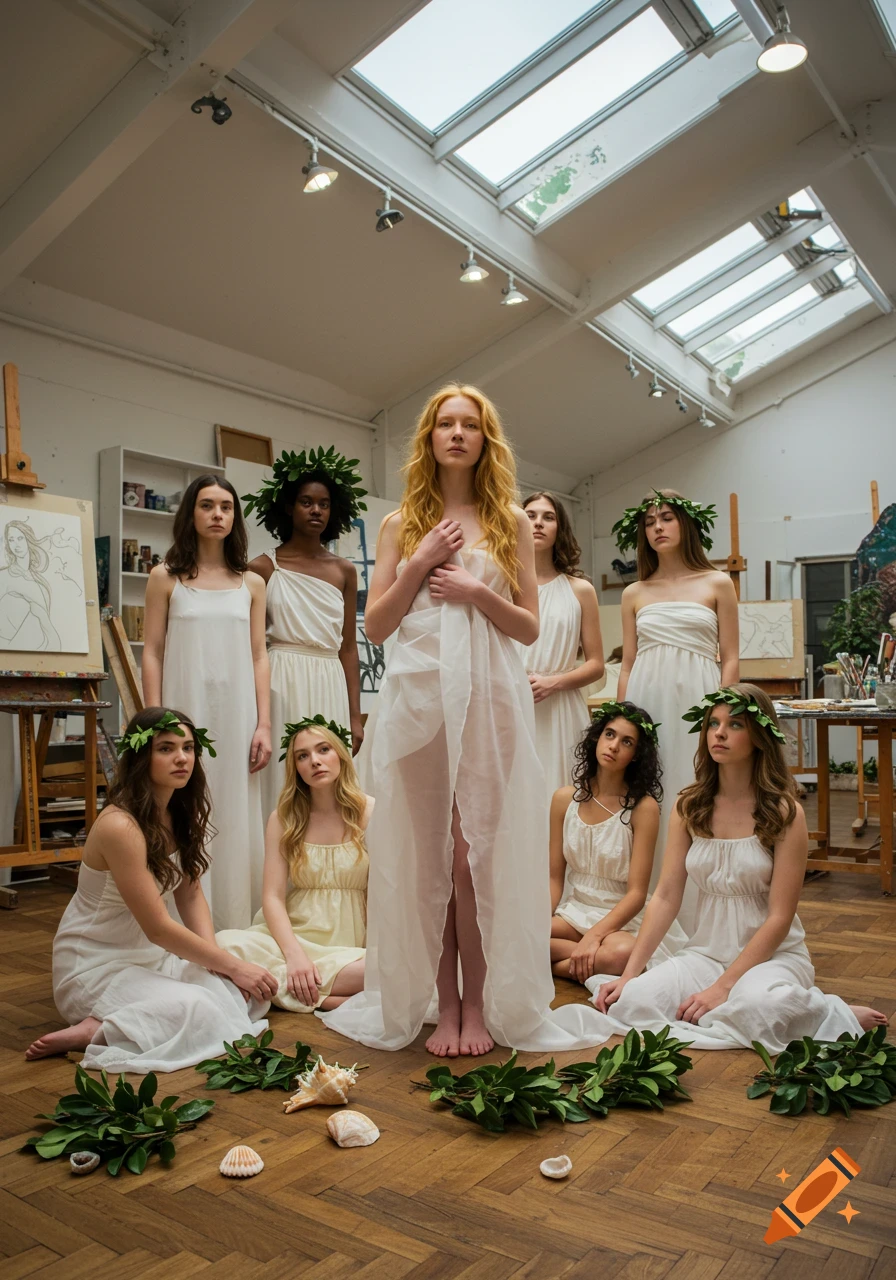Eight young women, one central in sheer fabric, others in white draped dresses and leafy wreaths, pose in a brightly lit art studio with easels, wooden floors, and seashells.