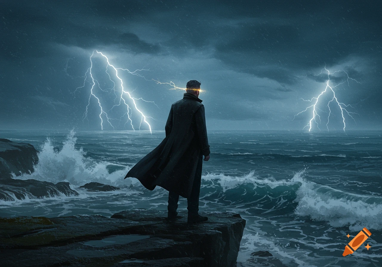 A man in a trench coat stands on a cliff overlooking a stormy sea with lightning, with a glowing effect around his head.