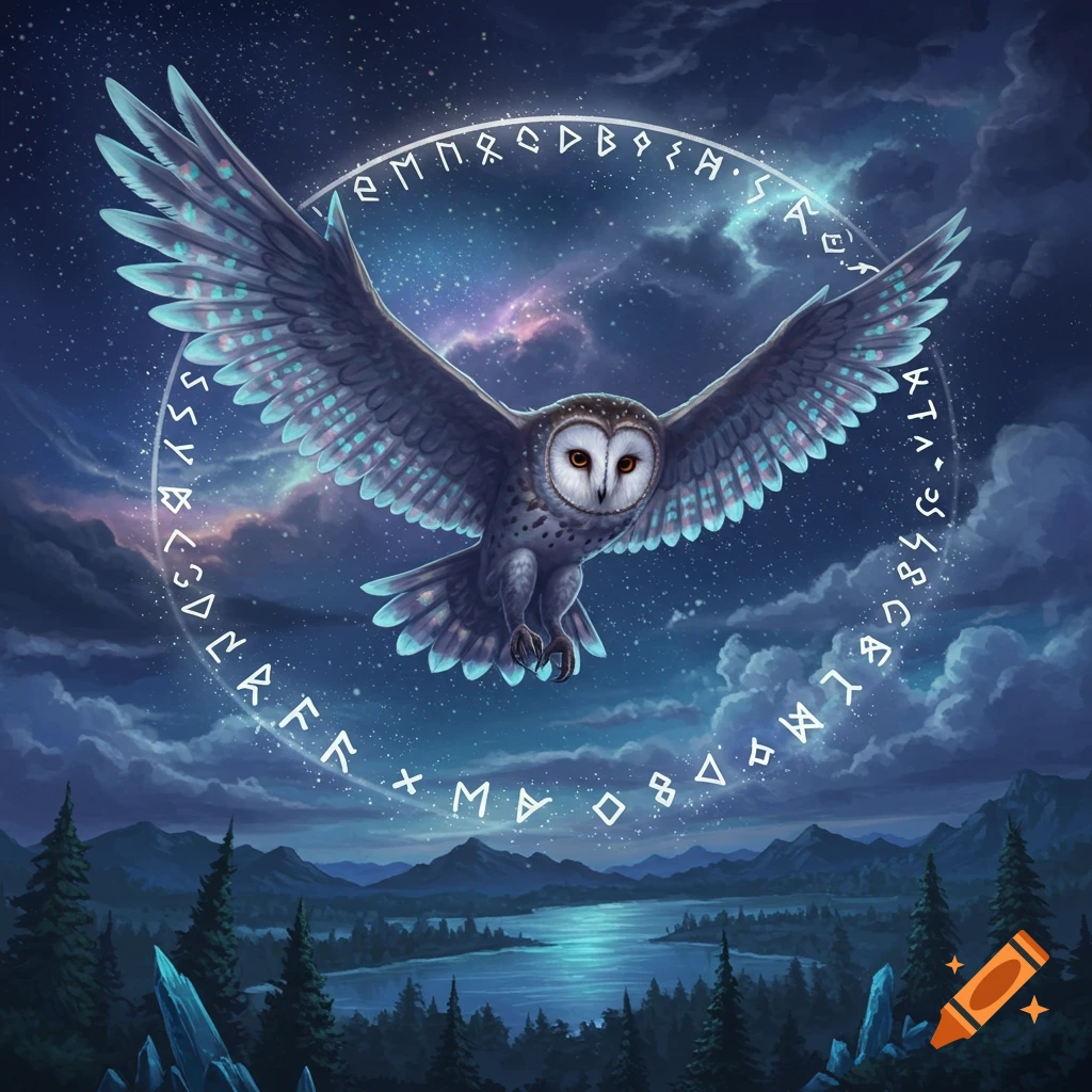 An owl with glowing blue markings flies through a starry night sky above a moonlit lake and forest, encircled by glowing runic symbols.