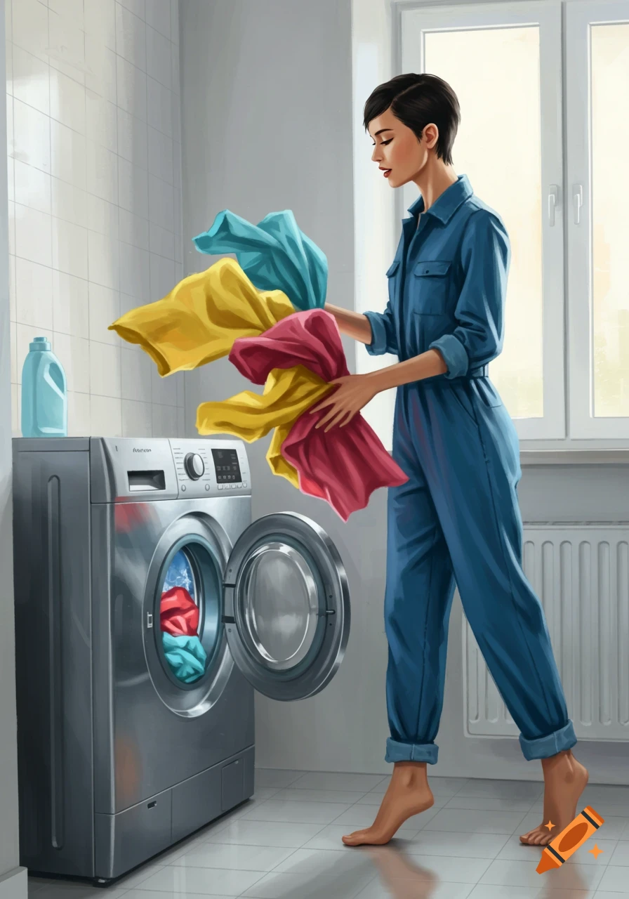 An illustration of a woman in a blue jumpsuit putting colorful laundry into a washing machine in a bright room.