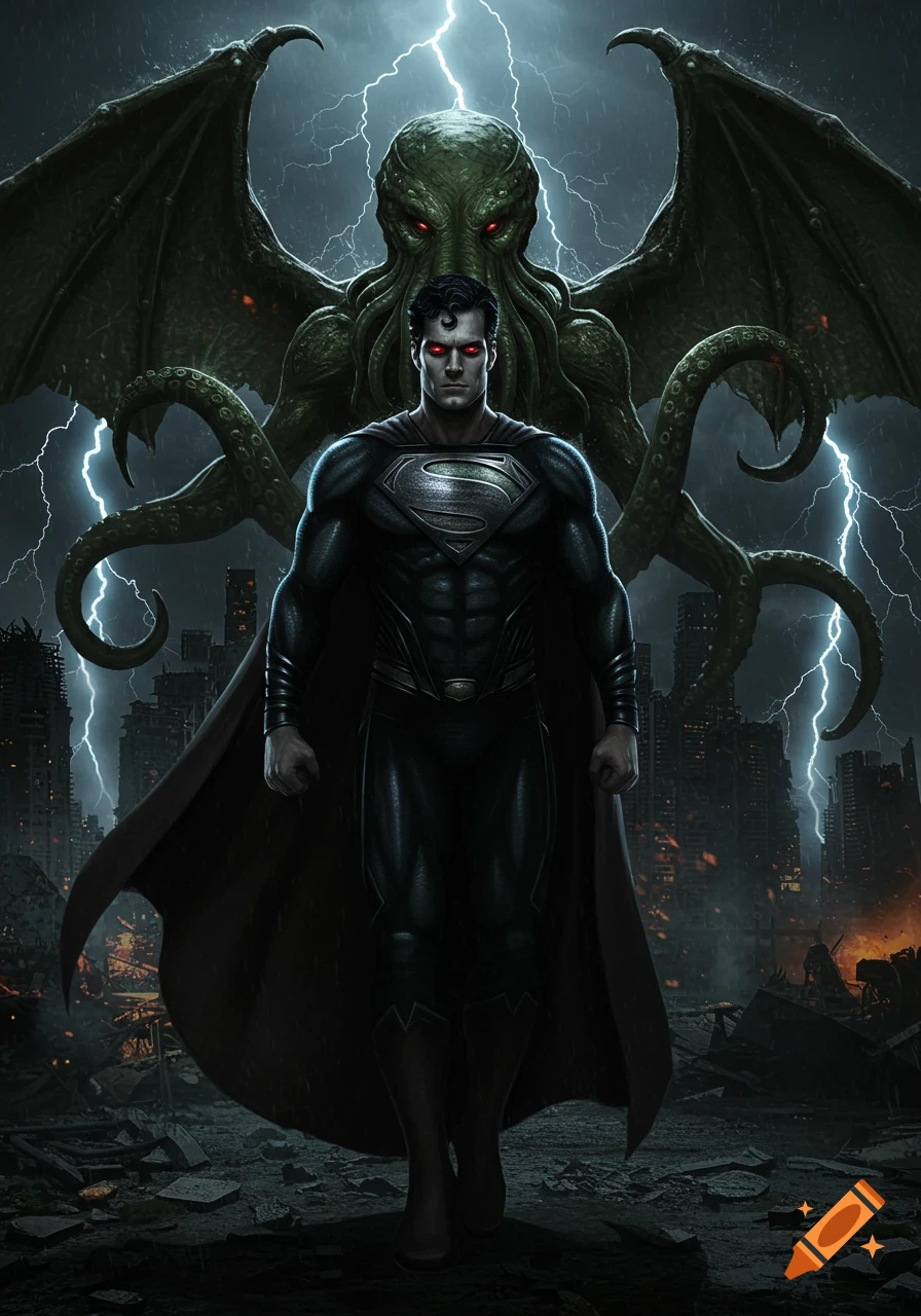 Dark Superman with red eyes and a black suit stands in a destroyed city, backed by a giant, winged, red-eyed Cthulhu under a lightning storm.