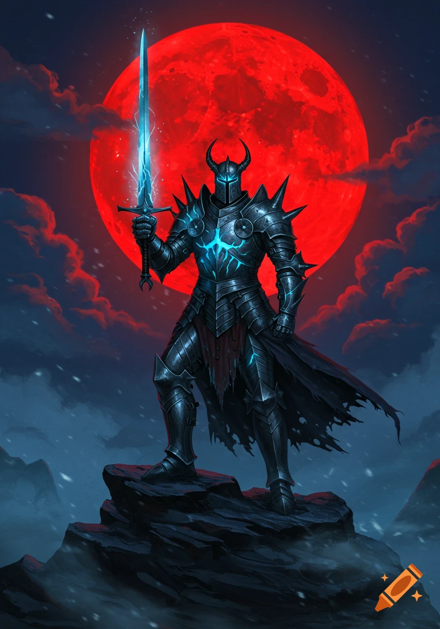 A dark knight in spiky armor with glowing blue cracks holds a bright blue sword, standing on a rocky peak under a large red moon.