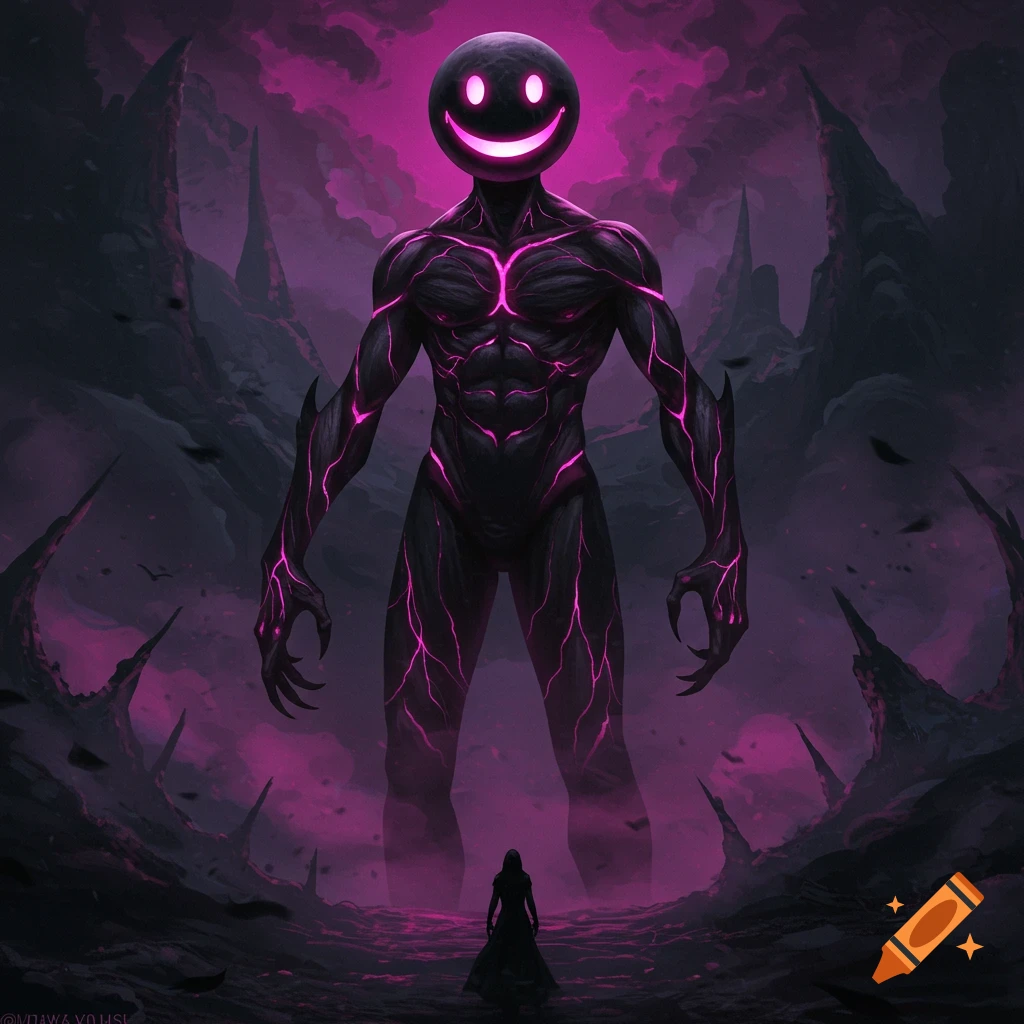 A giant dark creature with glowing pink cracks and a smiling face towers over a small human in a desolate, purple-hued landscape.