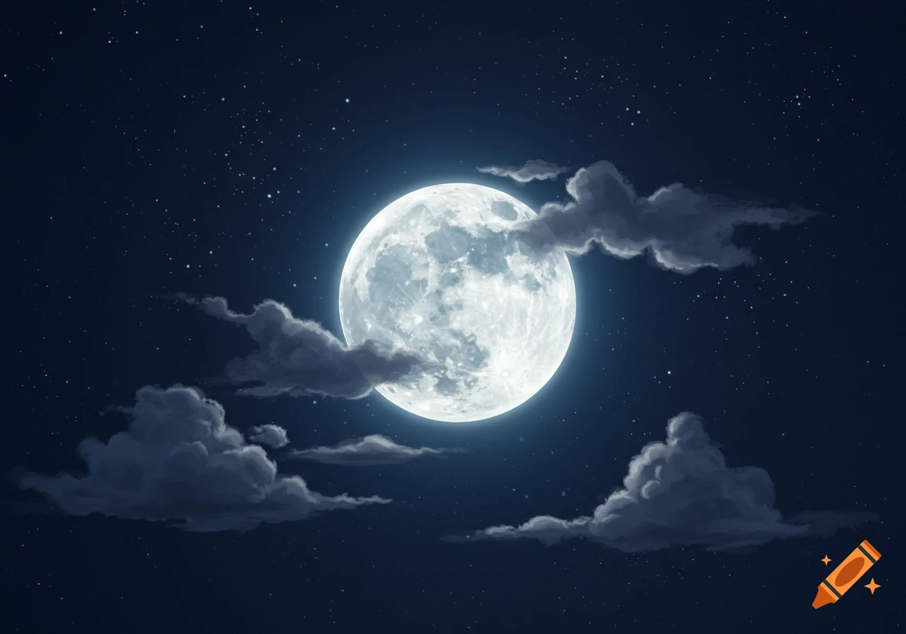 A large, glowing full moon in a dark night sky with scattered stars and wispy clouds.