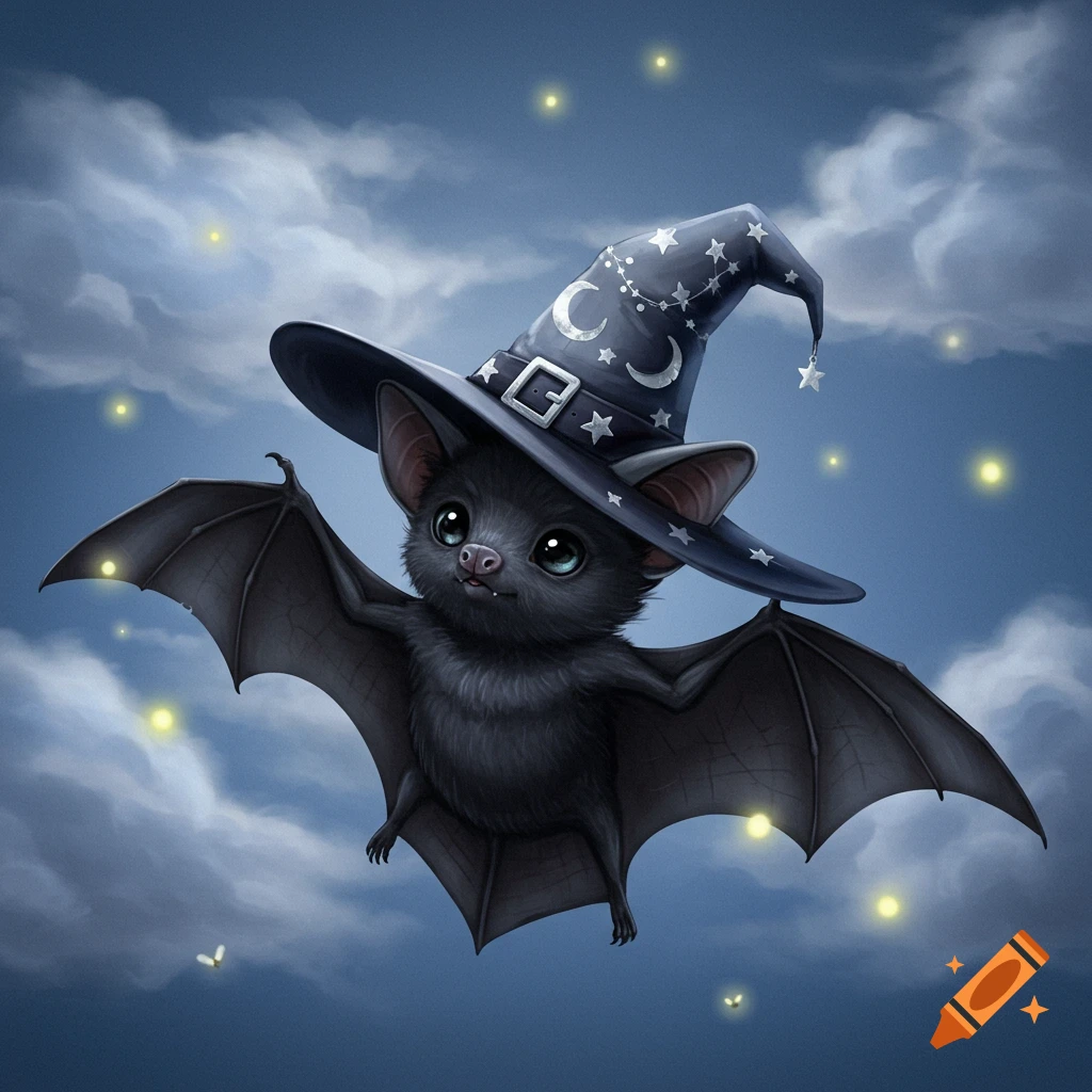 A cute, dark grey cartoon bat wearing a pointy dark blue witch hat with moon and star decorations, flying in a night sky with faint clouds and glowing stars.