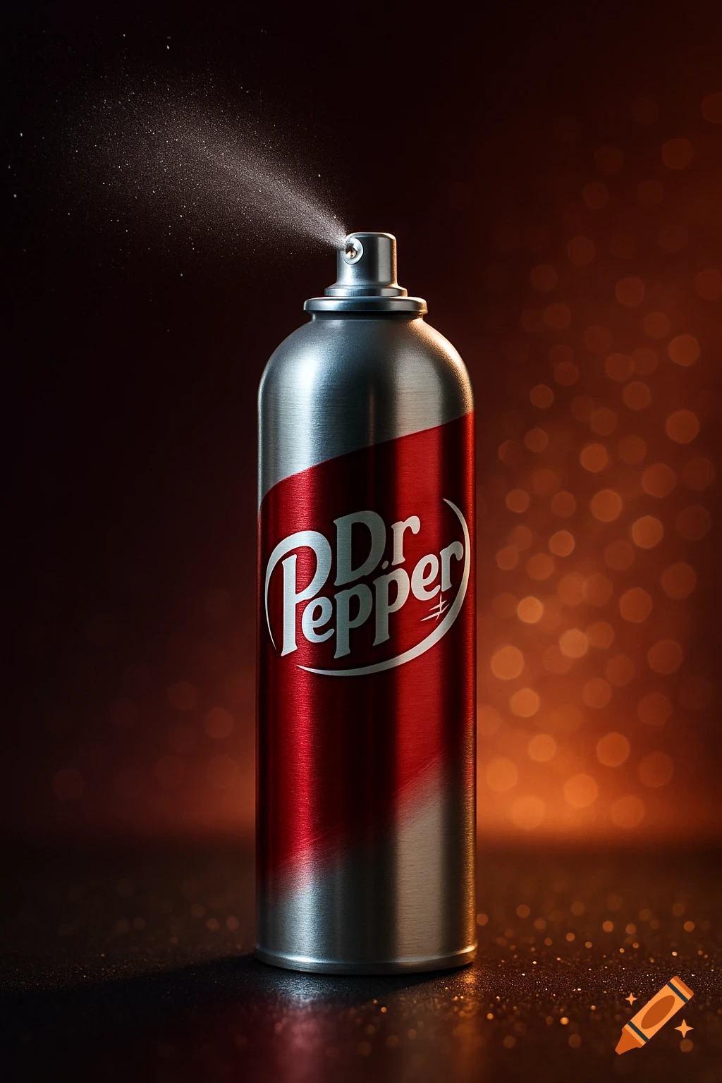 A photorealistic silver and red Dr. Pepper spray can spraying mist against a dark background.