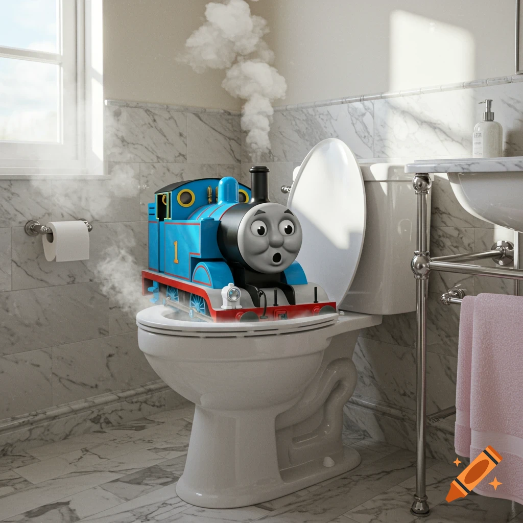 Thomas the Tank Engine sits surprised in a toilet bowl, steaming, in a luxurious marble bathroom.