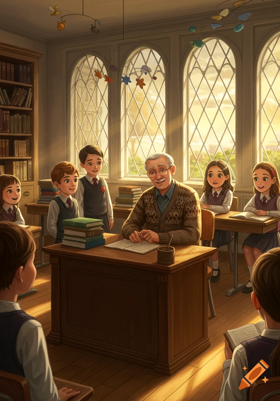 An elderly male teacher sits at his desk surrounded by young students in a sunlit classroom.