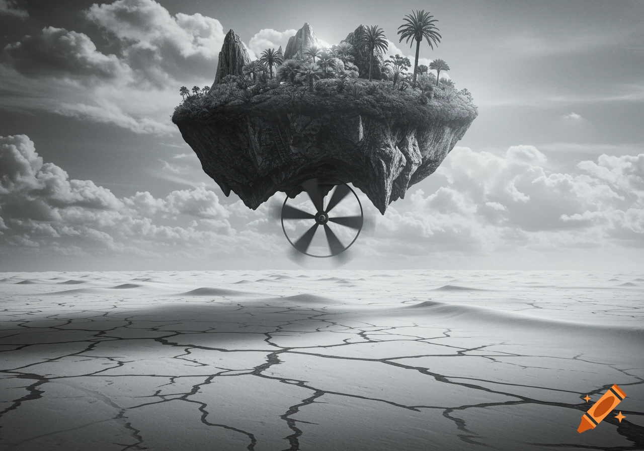 A black and white image of a lush floating island with a spinning propeller, hovering over a cracked, desolate landscape under a cloudy sky.