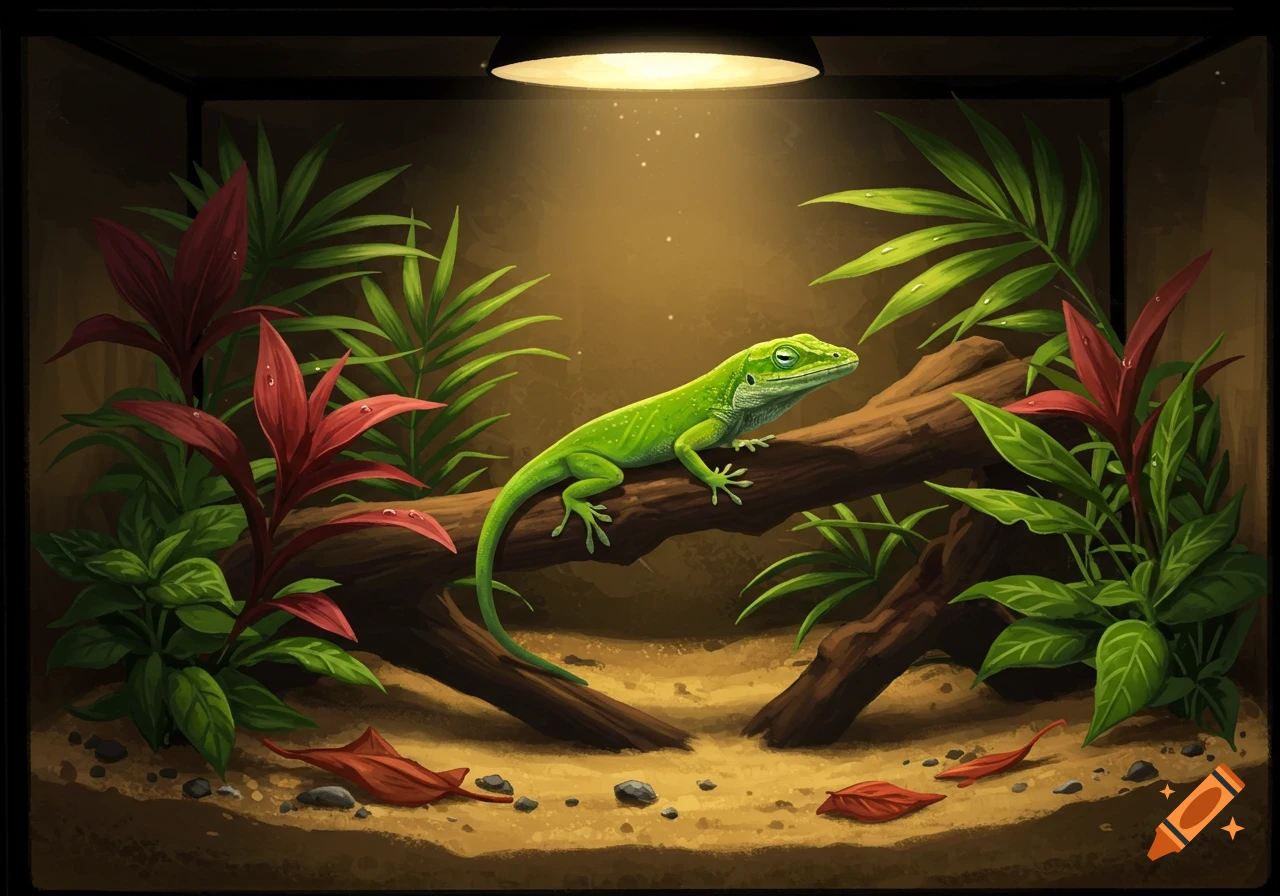 A vibrant green anole lizard perches on a branch inside a terrarium with lush red and green plants, bathed in light from above.