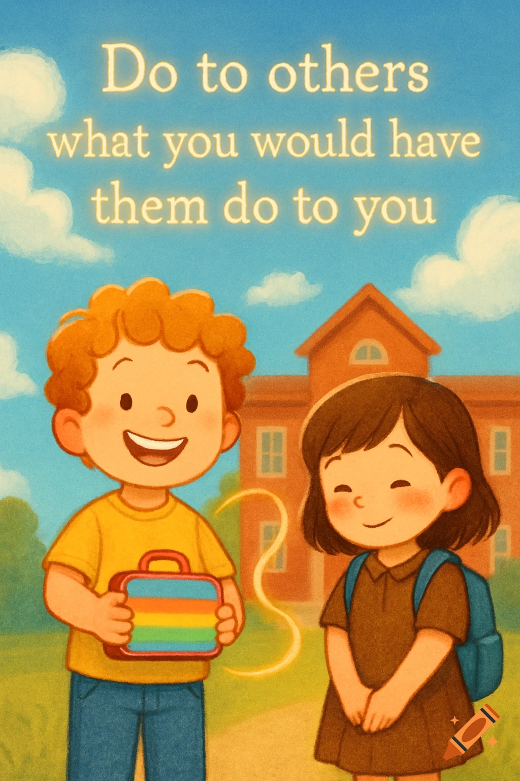 Cheerful illustration of a boy with a rainbow lunchbox and a girl smiling outside a school. Text 'Do to others what you would have them do to you' floats above.