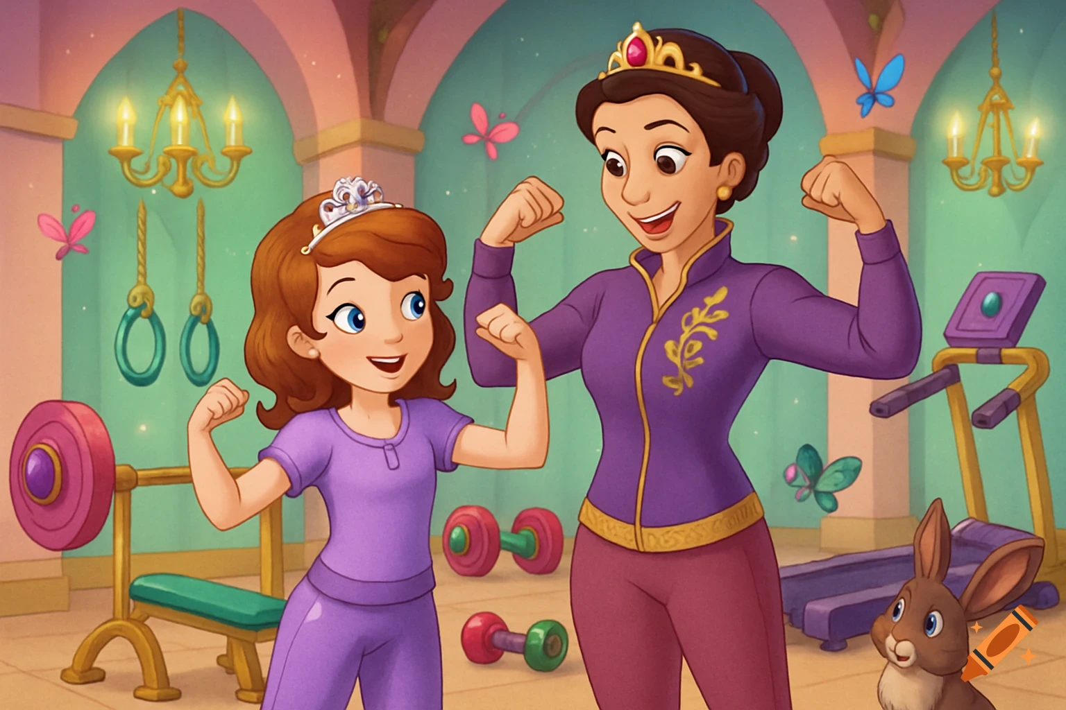 Cartoon of Sofia the First and her mom flexing their muscles in a royal gym.