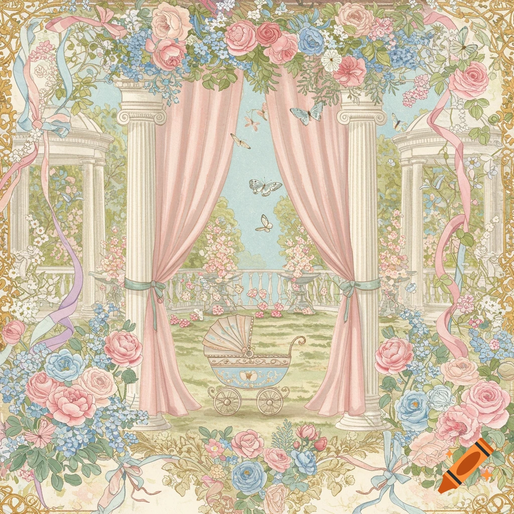 Whimsical illustration of a baby carriage in a garden gazebo, surrounded by pink curtains, blue and pink roses, and ribbons.