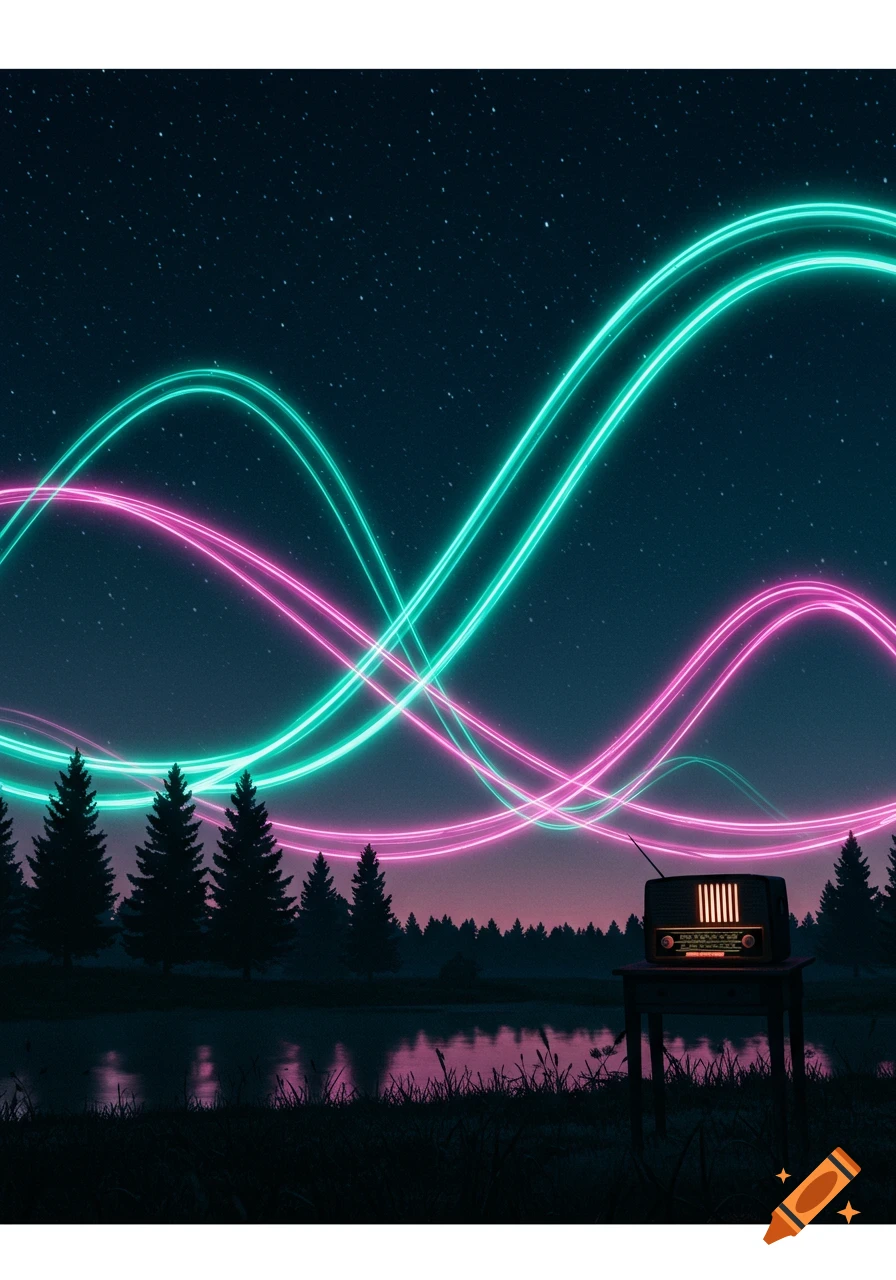 Retro radio by a lake at night under a starry sky with glowing pink and green neon waves.