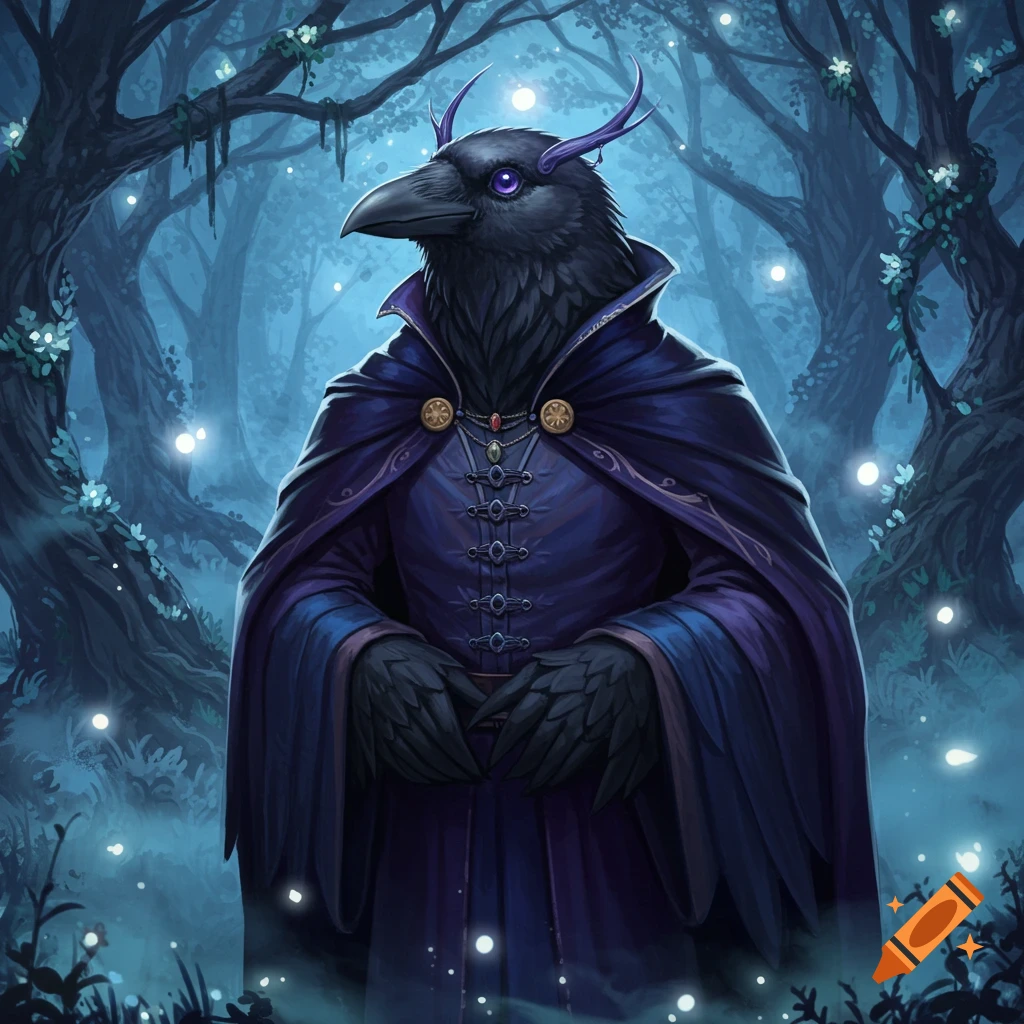 An anthropomorphic crow character with purple accents and a dark blue cloak stands in a magical, glowing forest.