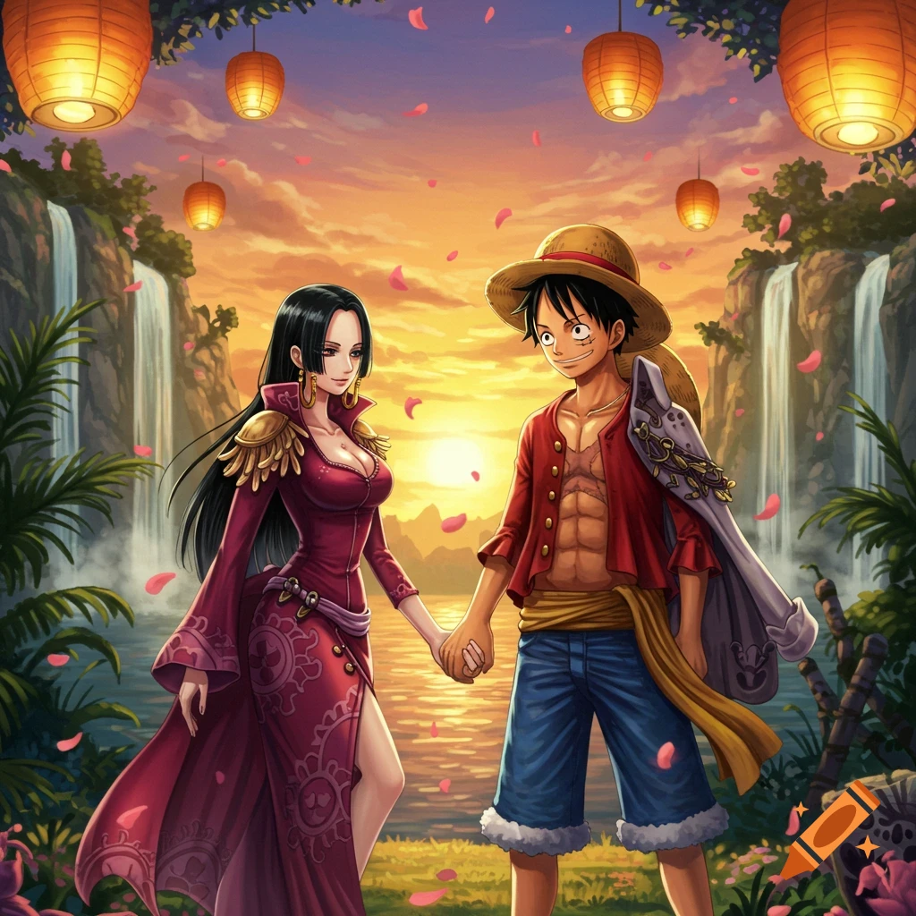 Luffy and Boa Hancock holding hands at sunset with waterfalls and lanterns.