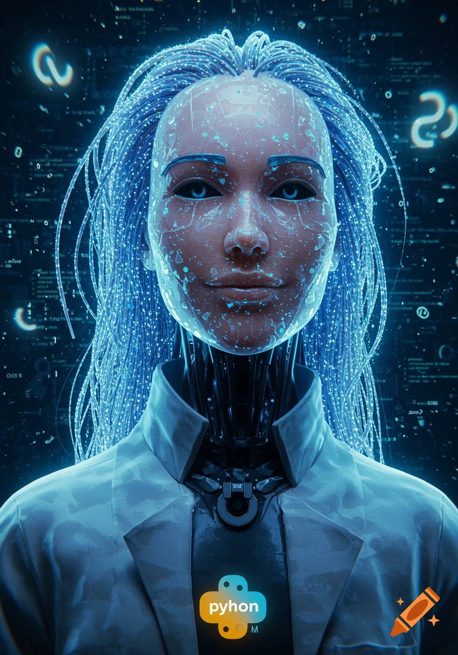 A hyperrealistic portrait of an anthropomorphic AI with glowing blue fiber hair, translucent skin showing circuits, and a futuristic lab coat with a Python logo.