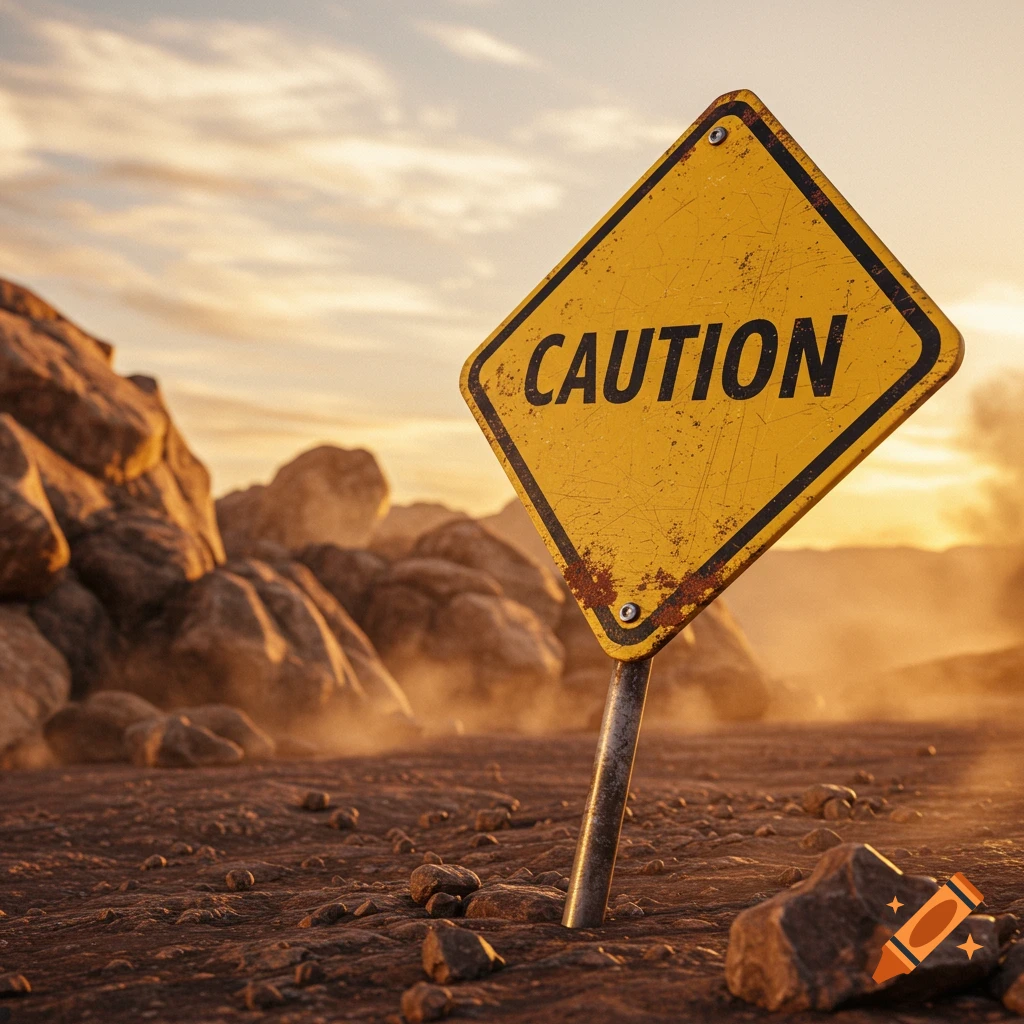 A weathered yellow diamond-shaped caution sign stands in a dusty, rocky desert landscape at sunset.