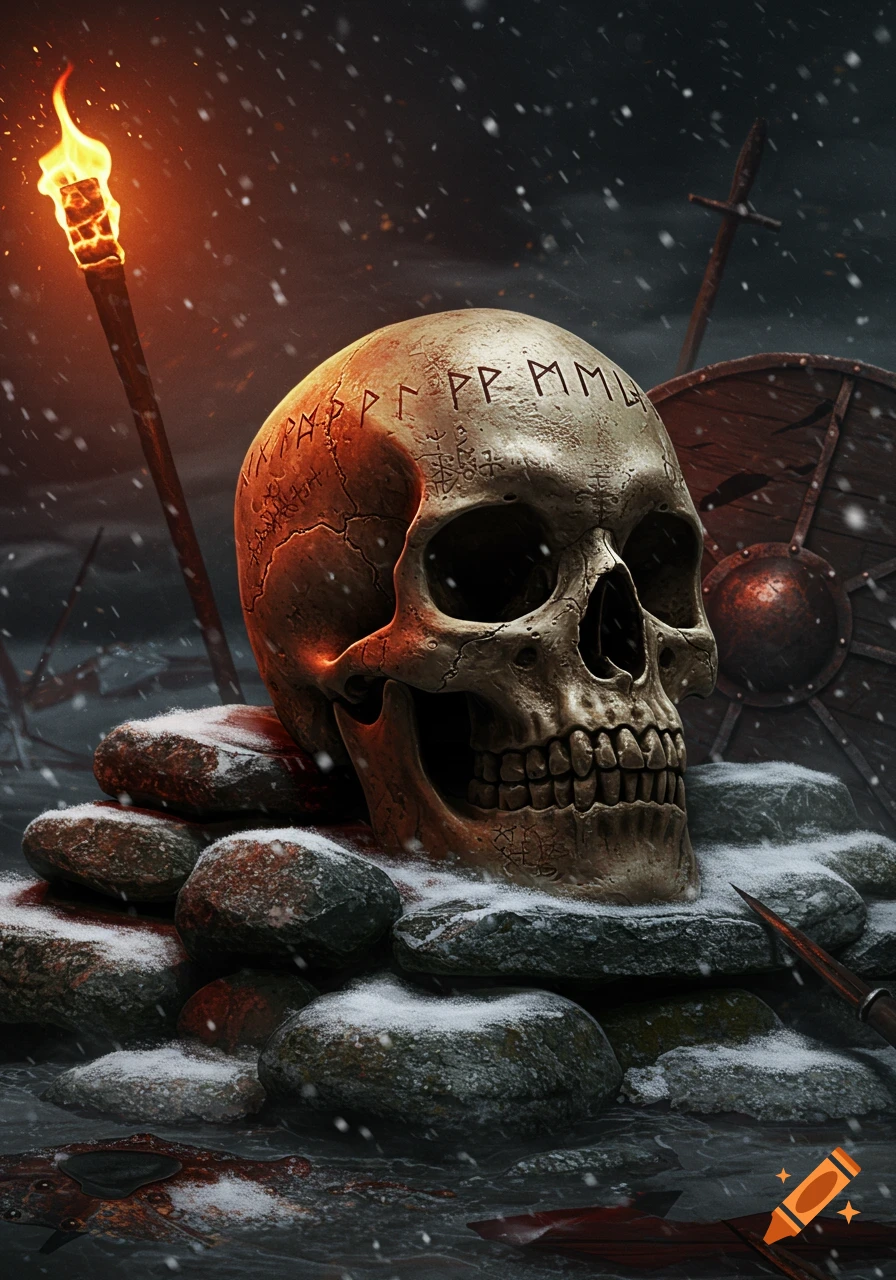 A Viking skull with runes carved on its forehead sits on a pile of snow-dusted rocks, with a lit torch, shield, and sword in the snowy background.