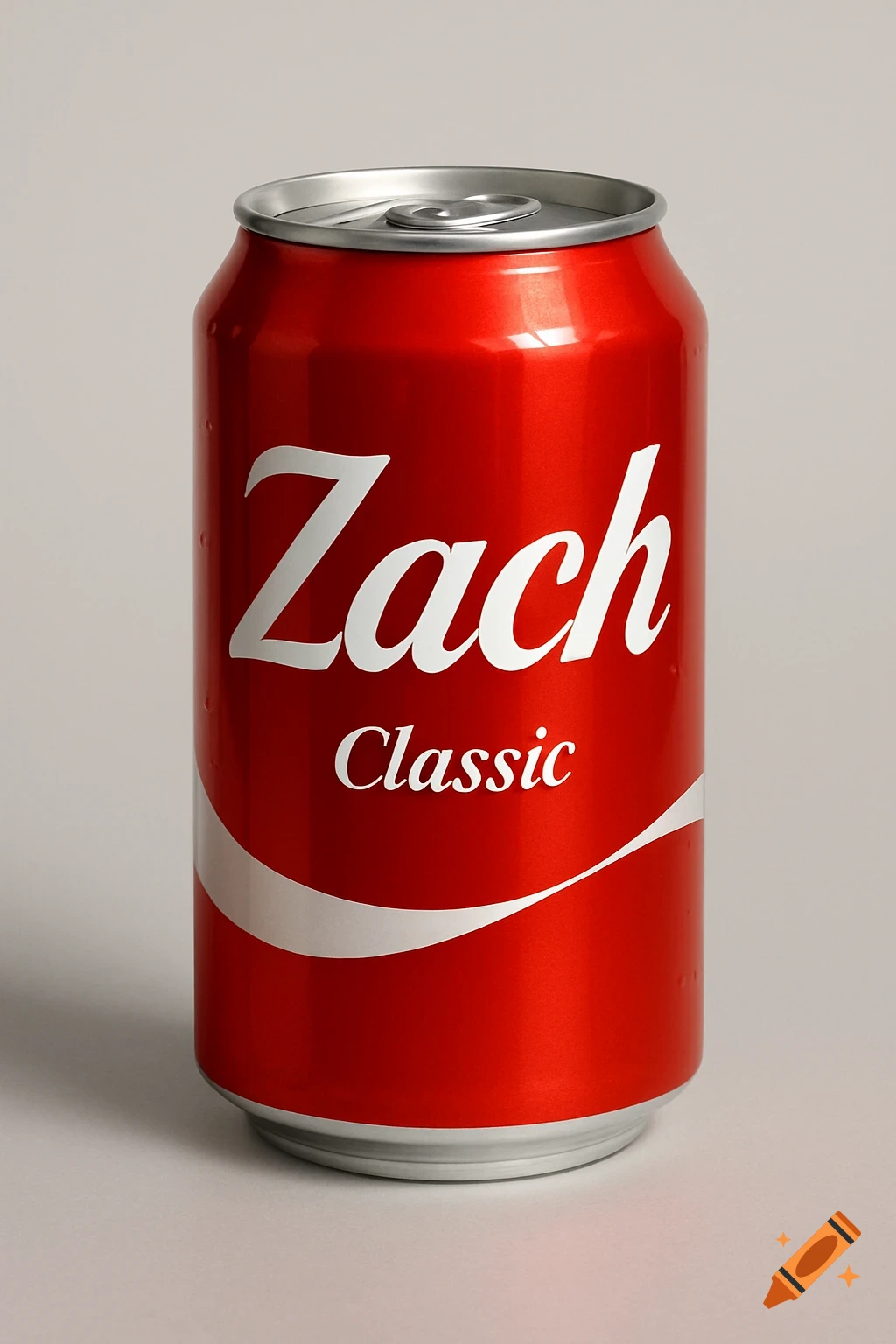 A photorealistic red soda can, similar to Coca-Cola, with the word "Zach" prominently displayed and "Classic" in smaller, italic letters below it.