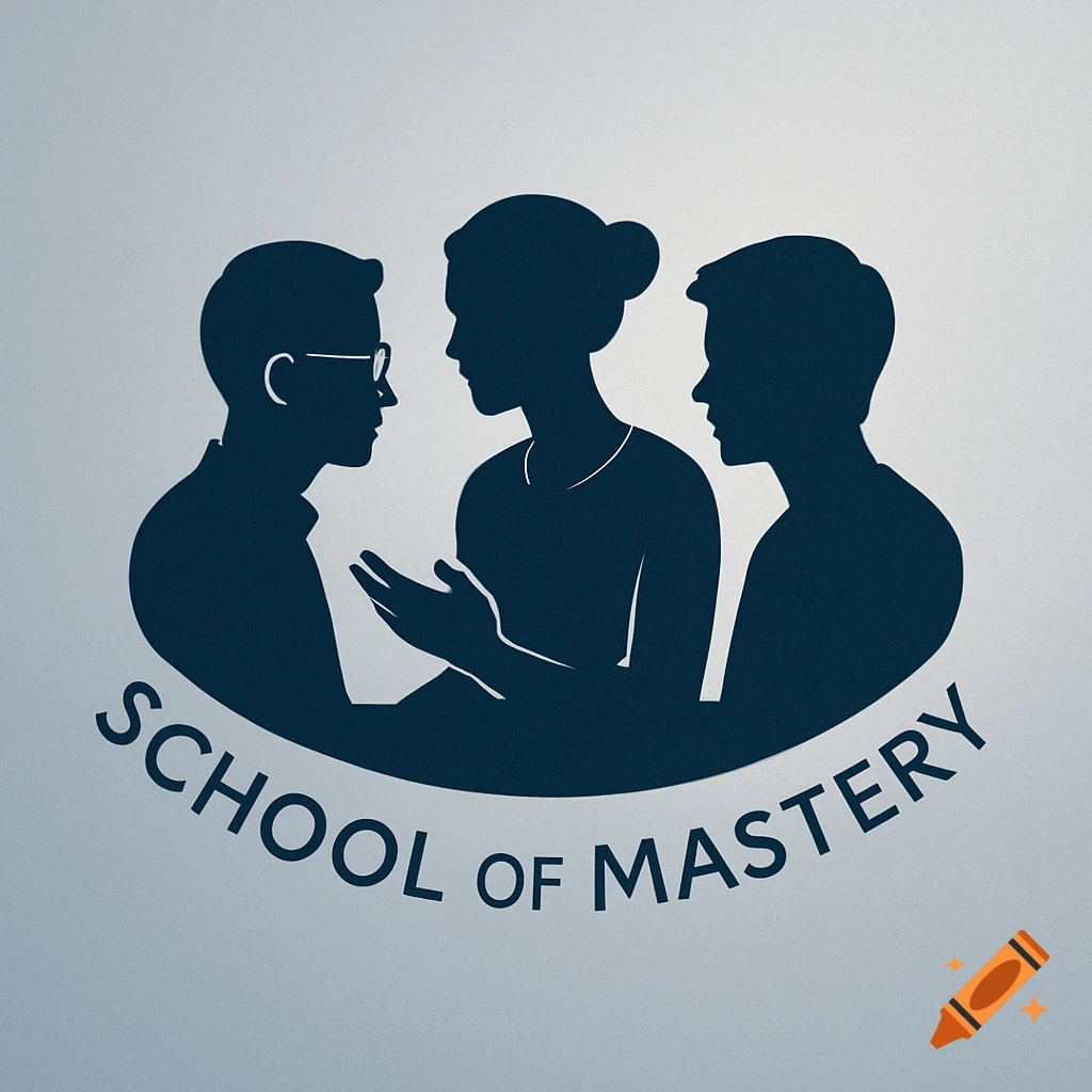 A dark blue logo featuring silhouettes of three people in an oval shape with the text 'SCHOOL OF MASTERY' below.