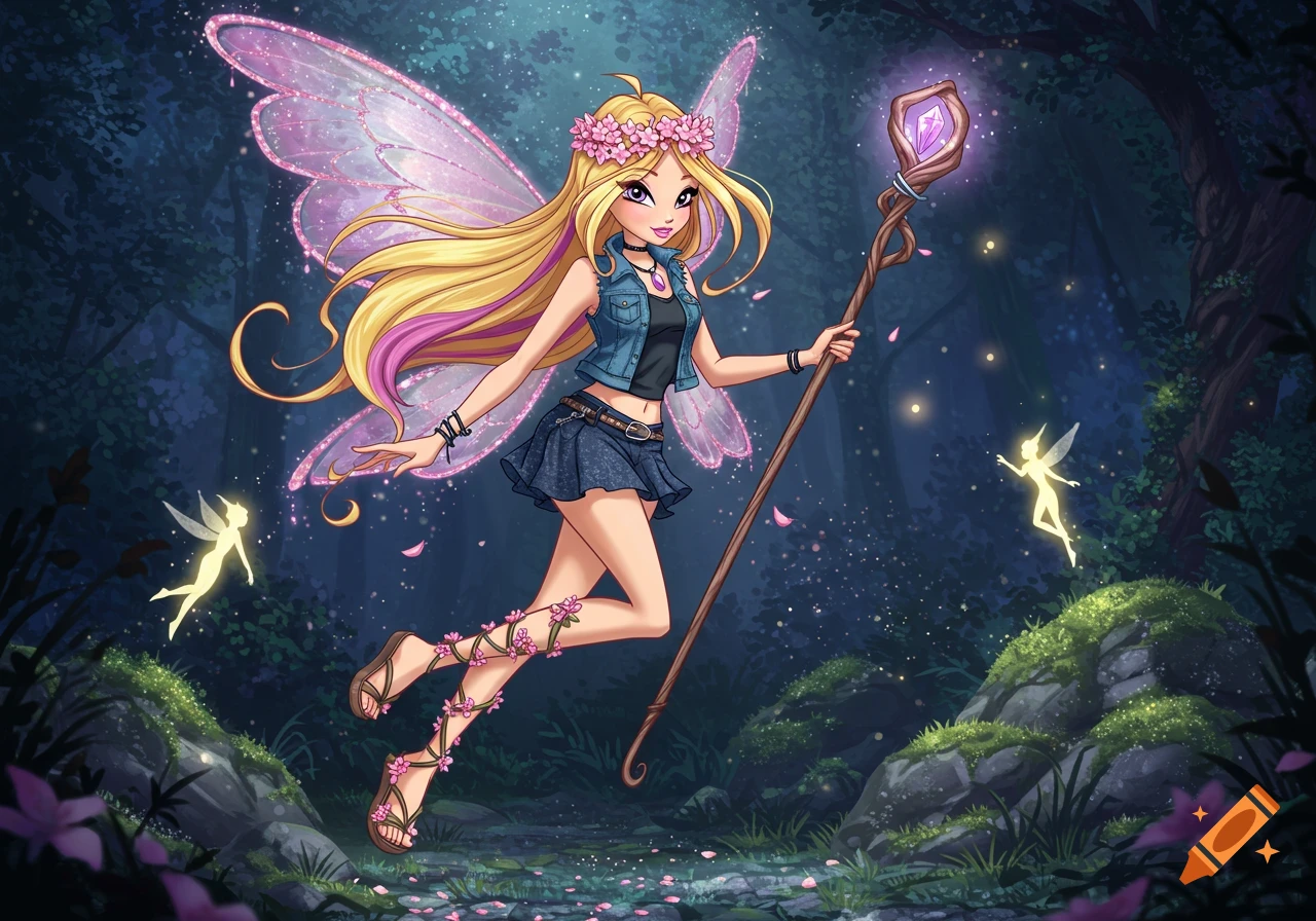 A blonde anime fairy with pink wings, wearing a denim outfit and flower crown, holds a staff in an enchanted forest with smaller pixies.