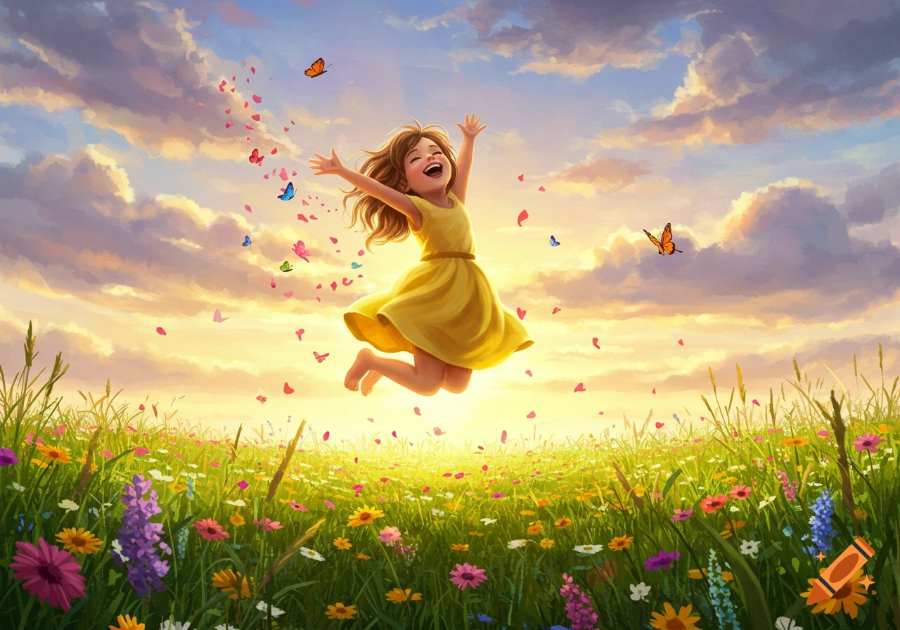 A joyful young girl in a yellow dress leaps in a vibrant wildflower field at sunset, with butterflies and falling petals, illustrative style.