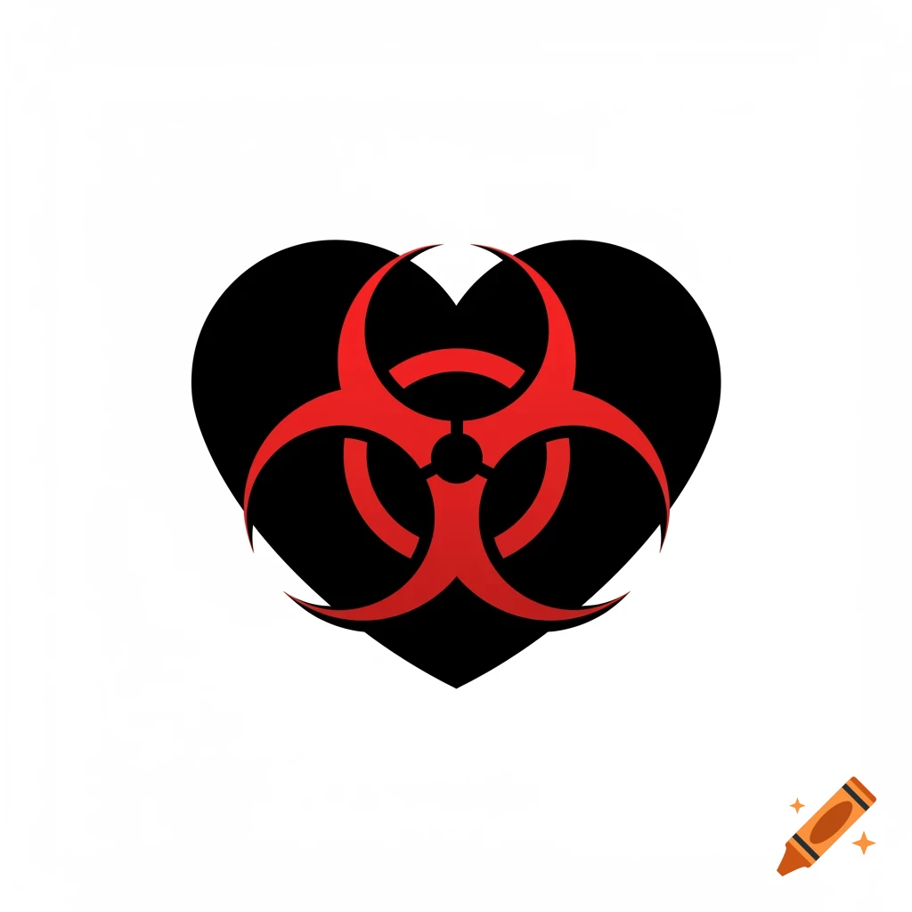 A black heart shape with a red biohazard symbol inside, in a vector art style.