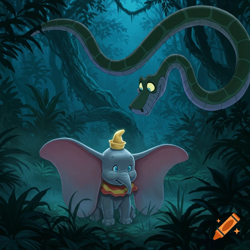 Kaa the snake hovers over Dumbo the elephant in a dark, mysterious jungle, in an animated style.