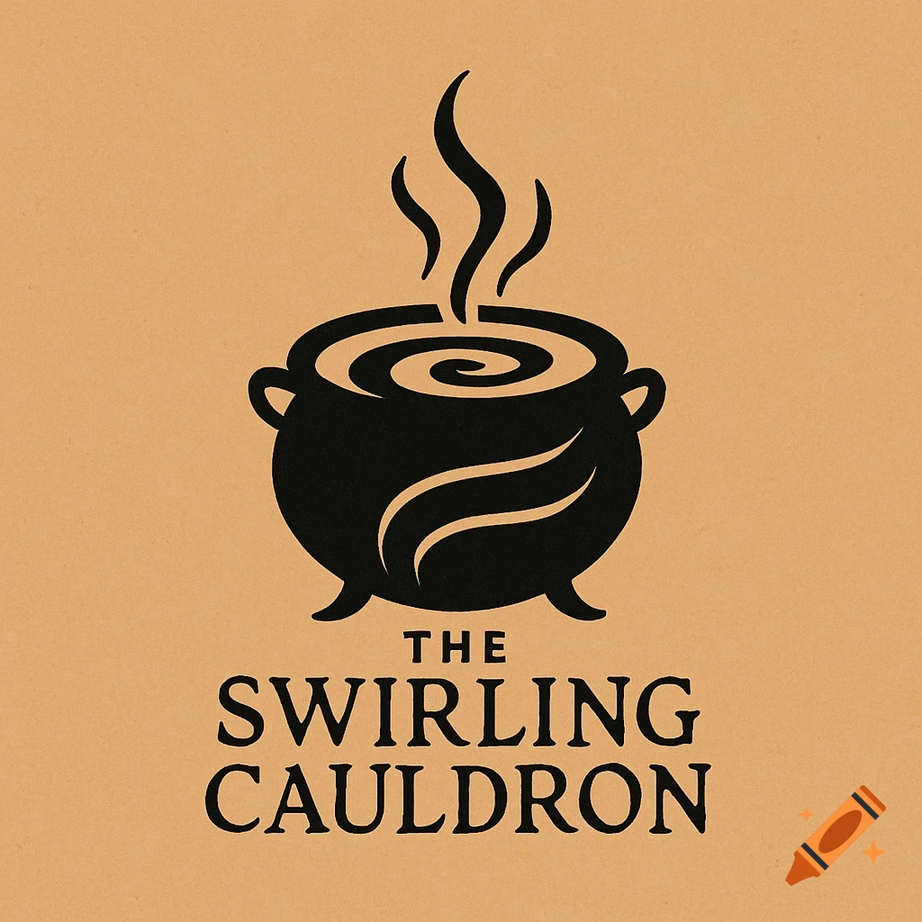 A black logo on a brown background depicting a stylized cauldron with swirling contents and steam, text below reads 'The Swirling Cauldron'.