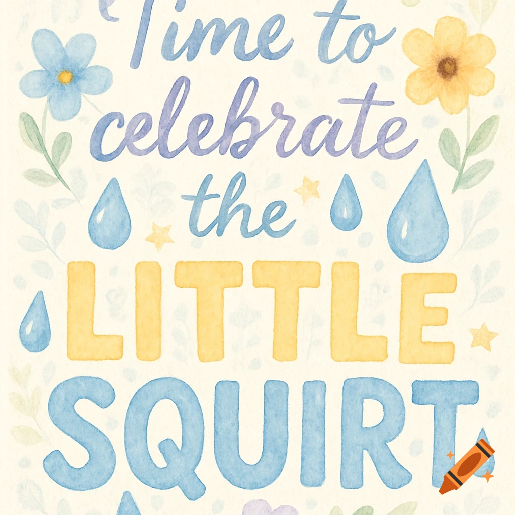 Watercolor baby shower invitation reading 'Time to celebrate the little squirt' with blue and yellow text and flowers.