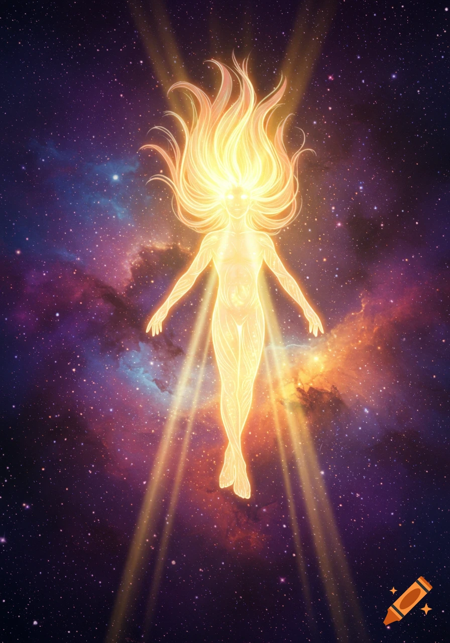 A majestic, glowing figure with long, fiery hair and bright eyes floats against a vibrant cosmic background of stars and nebulae.