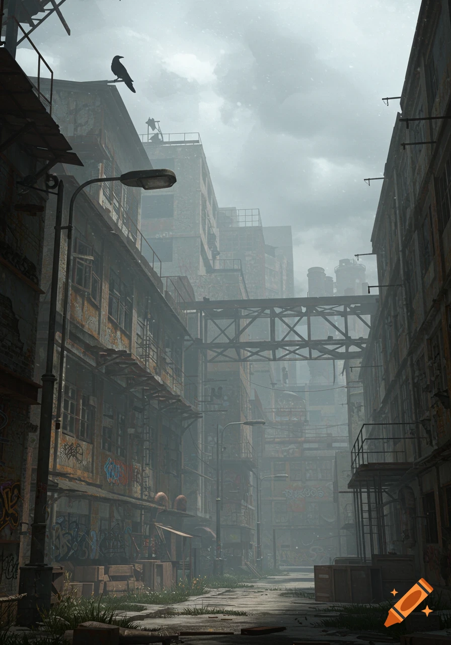 A grim, foggy street in a dilapidated urban area with tall, graffiti-covered buildings and a crow perched on a rooftop.