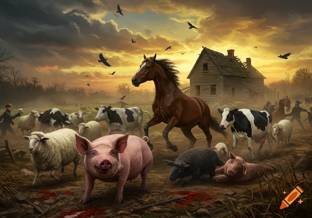 A chaotic farm scene with animals and people in a muddy field with blood, a dilapidated farmhouse under a stormy sunset sky.