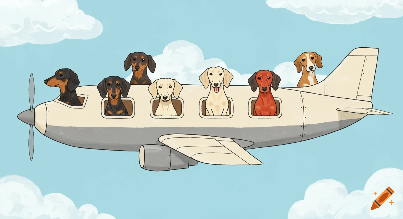 Cartoon illustration of various colored dachshund dogs peeking out of the windows of a small airplane flying in a blue sky with clouds.
