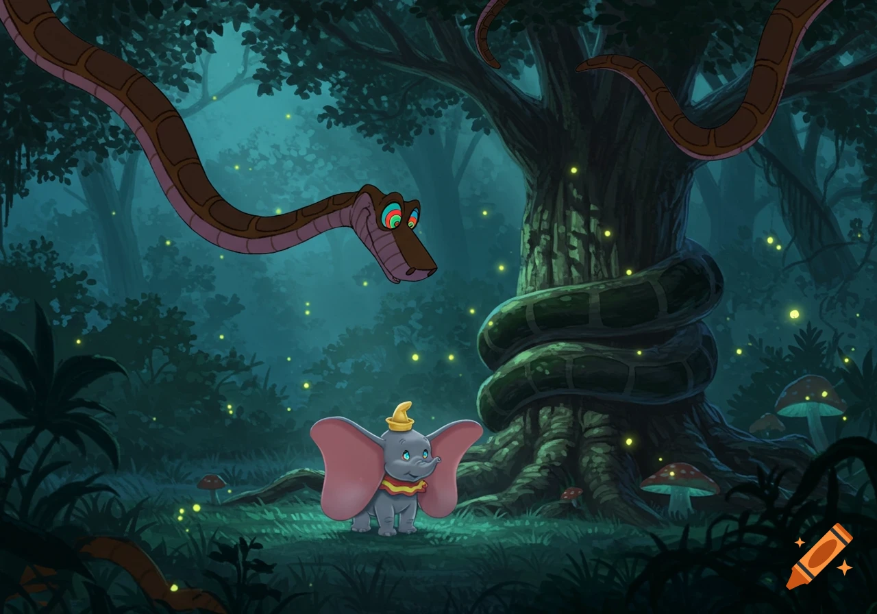 Kaa the snake hovers over Dumbo the elephant in a dark, glowing jungle, in a cartoon style.