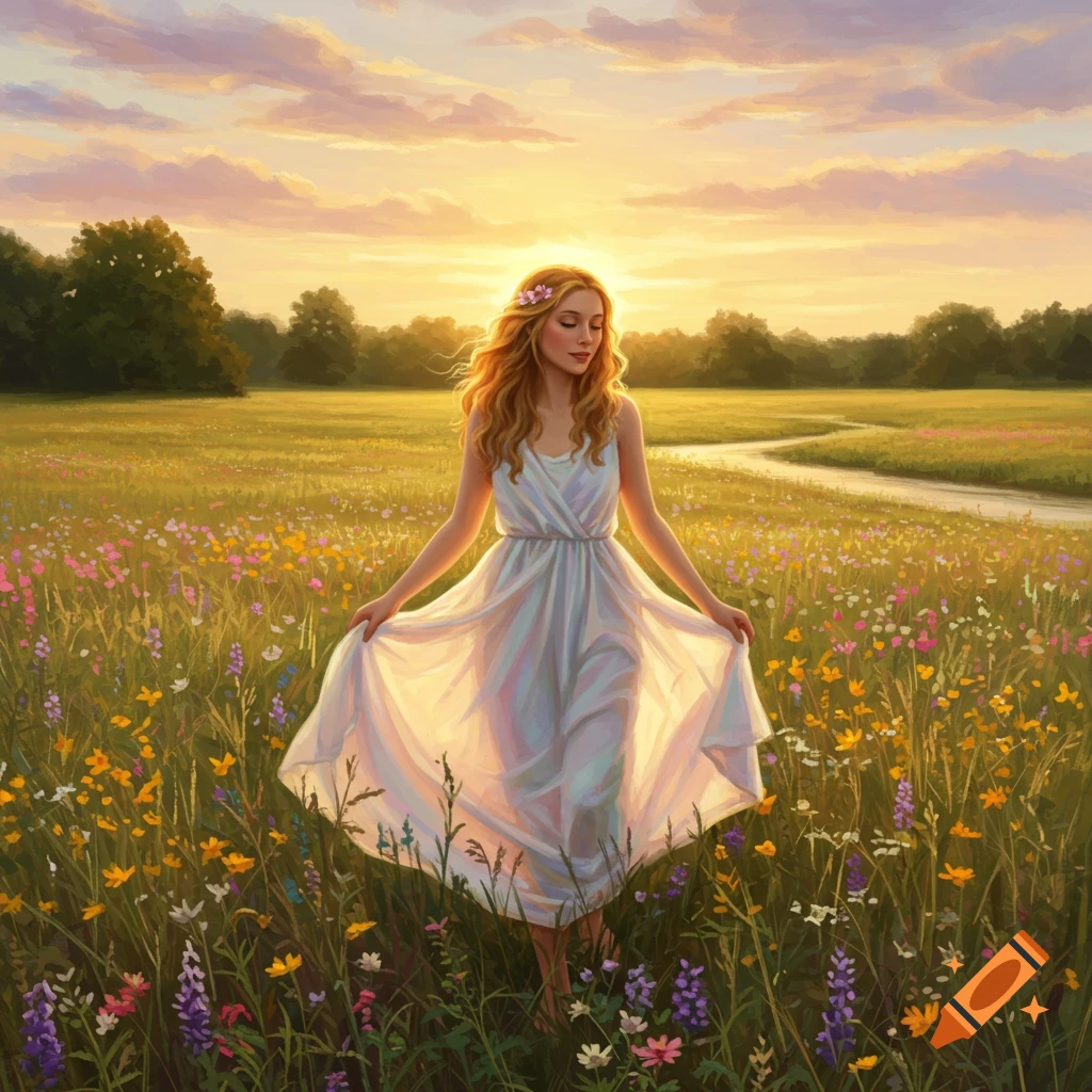 A woman in a white dress walks through a field of colorful wildflowers at sunset, in a digital painting style.