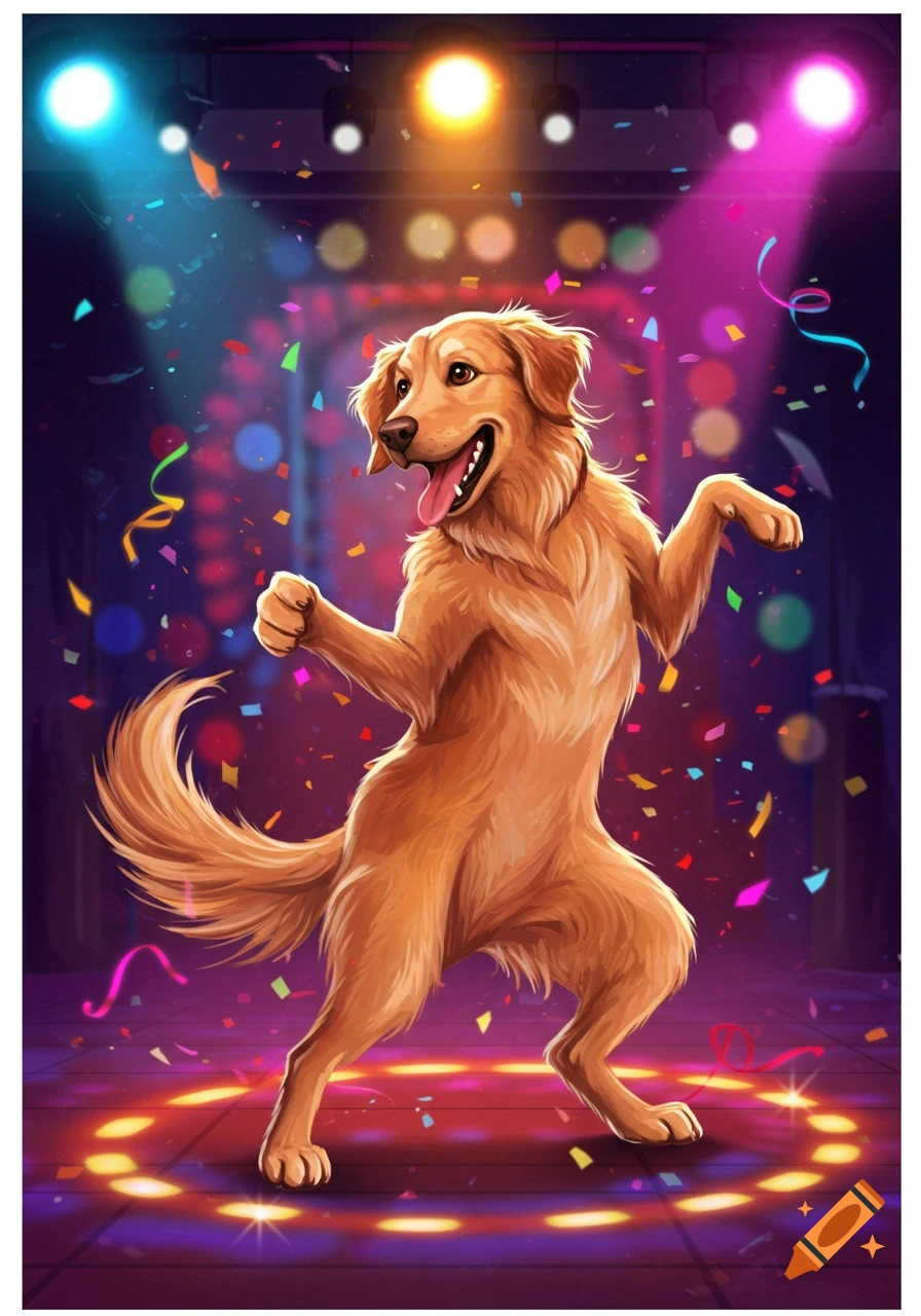 An illustrated golden retriever dog dances on a stage with colorful lights and falling confetti.