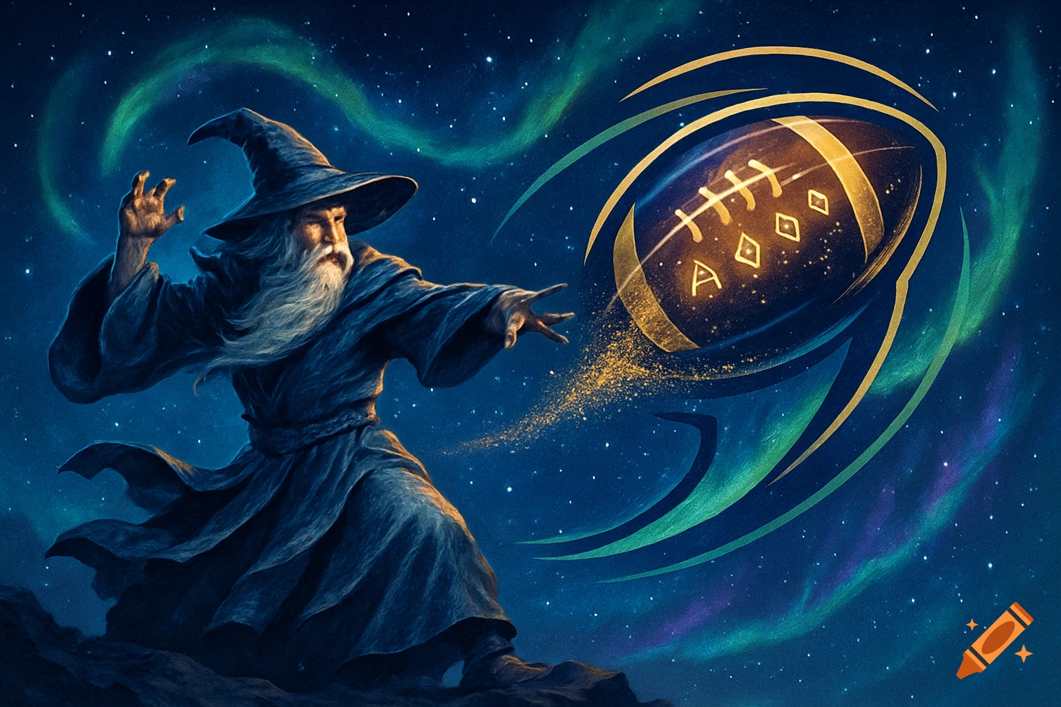 A wizard in a starry night sky casts a spell on a glowing football that trails golden dust.