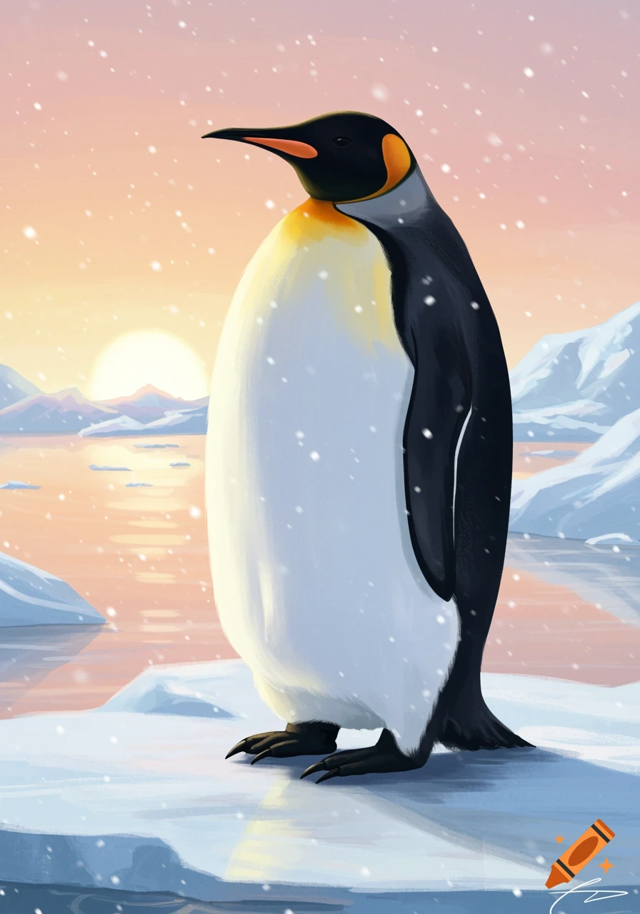 An illustrated king penguin stands on an ice floe with snow falling, a pastel sunset, and icy mountains in the background.