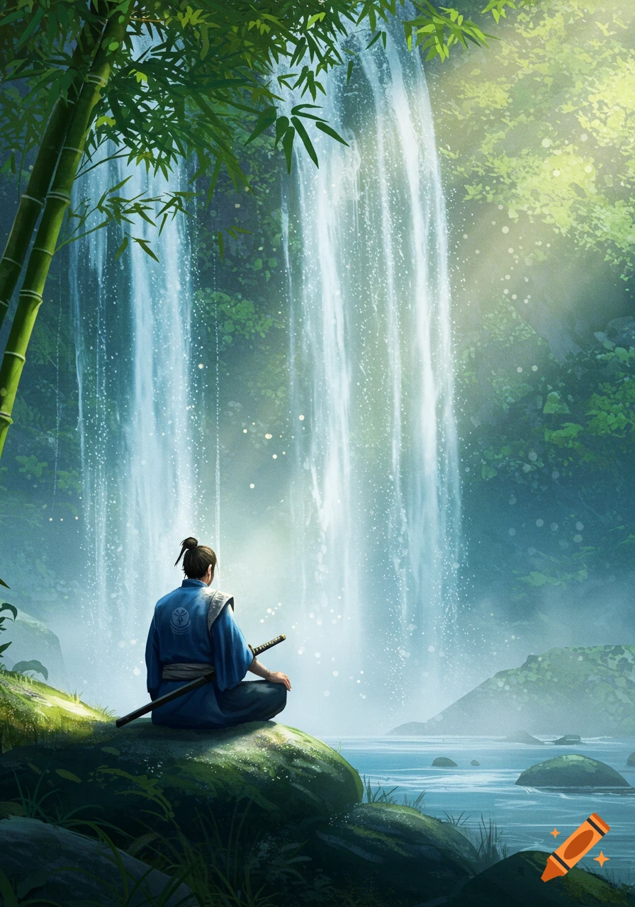 A lone samurai in a blue robe sits on a mossy rock, facing a tall, misty waterfall in a vibrant green bamboo forest.