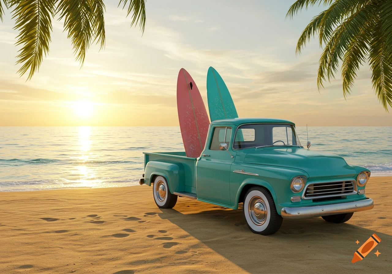 A vintage teal pickup truck with two surfboards in its bed parked on a sandy beach at sunset.