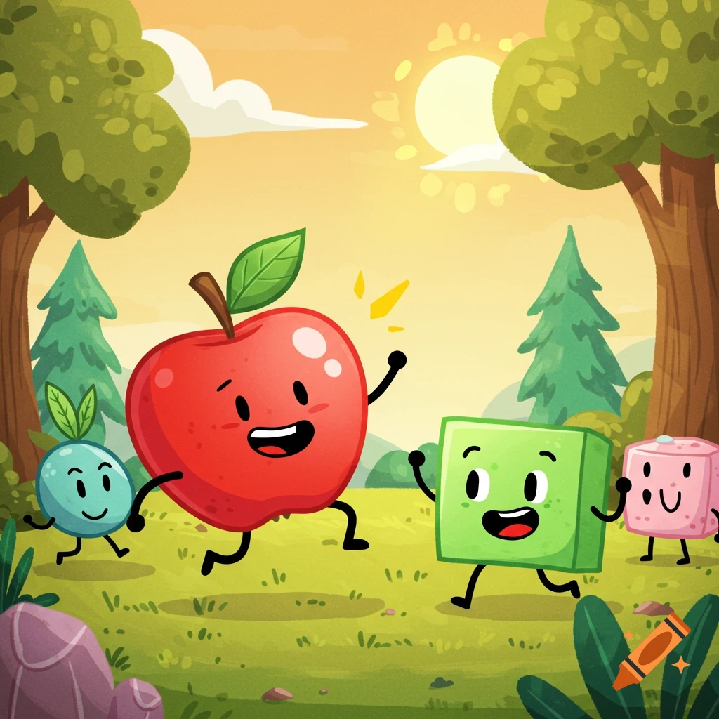 Cartoon characters, including an apple, berry, green square, and pink cube, run happily through a sunny field.