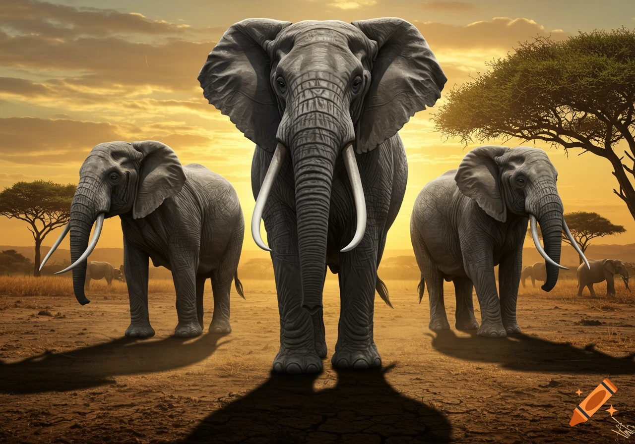 Three large elephants stand in a dry savanna at sunset with acacia trees in the background, photorealistic.