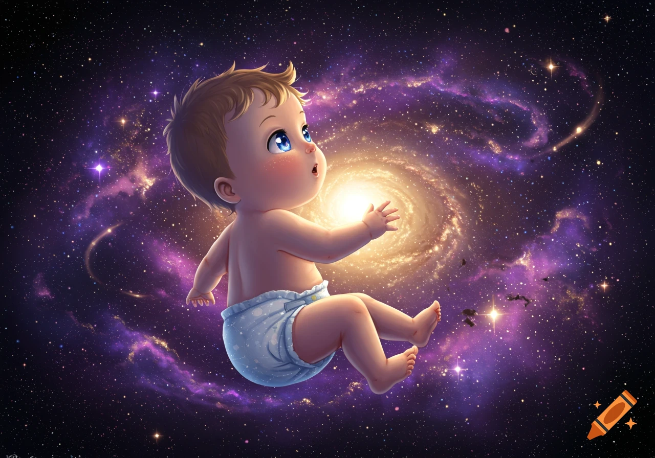 An anime-style baby floats in space, looking at a glowing spiral galaxy.