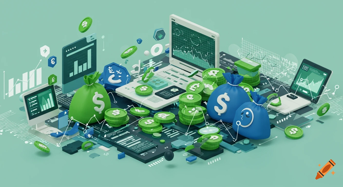 An isometric 3D illustration featuring green money bags, green and blue coins with dollar and euro symbols, and laptops displaying financial graphs and data, all on a teal background.