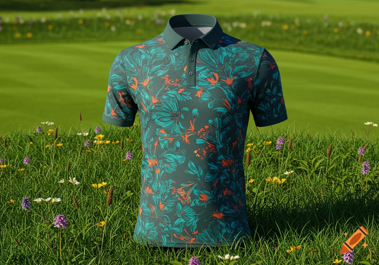 A photorealistic dark green golf polo shirt with teal and orange floral patterns stands in a lush green field with small wildflowers.