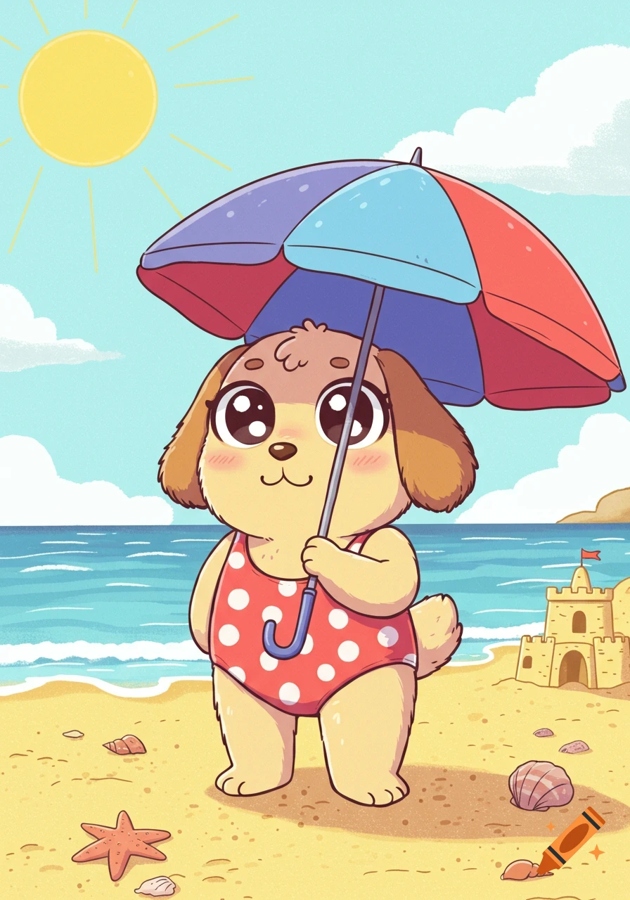 Cartoon dog in a red polka-dot swimsuit holding a colorful umbrella on a sunny beach with a sandcastle.