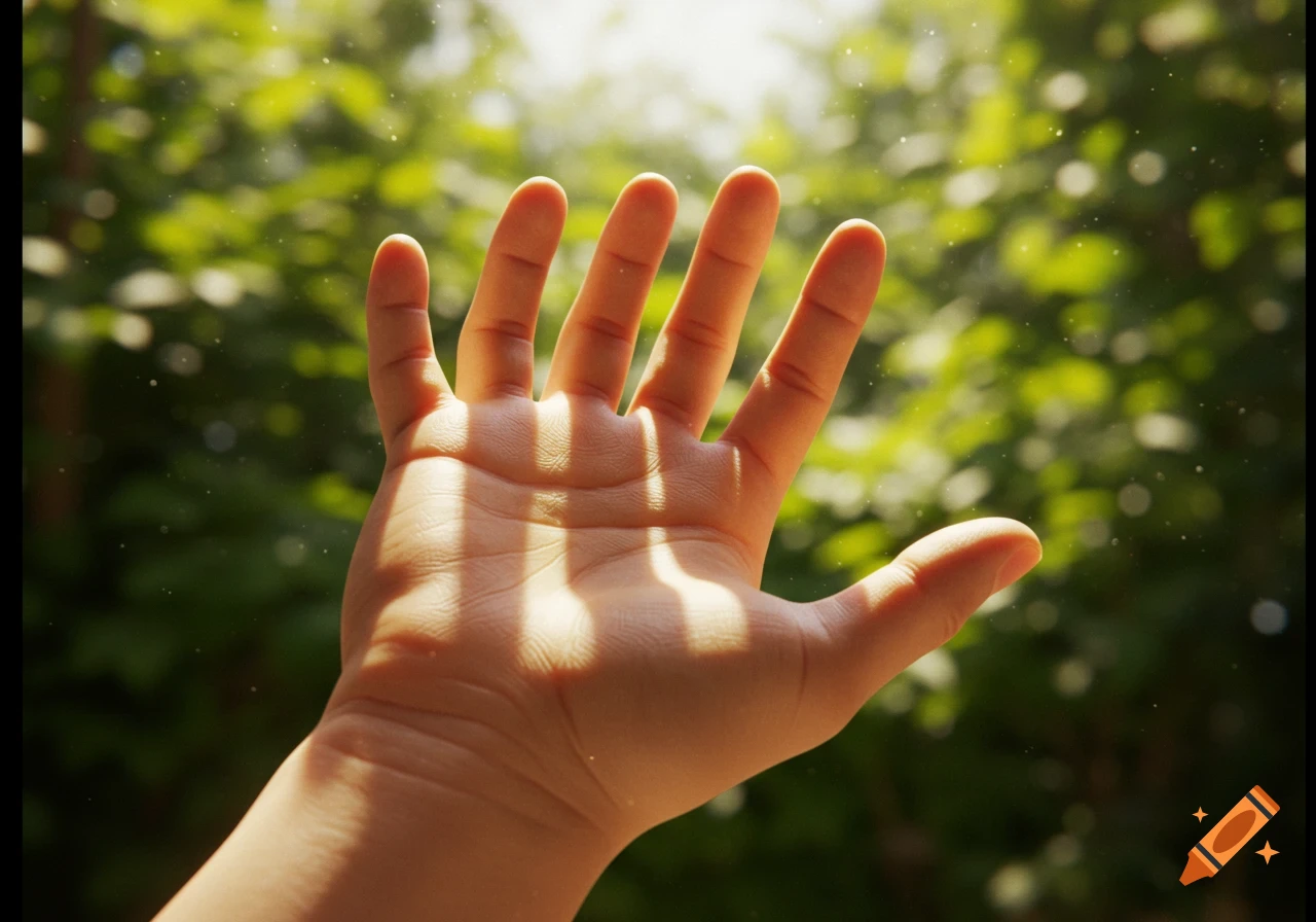 A hand with an open palm reaching towards the camera, illuminated by sunlight filtering through green foliage.